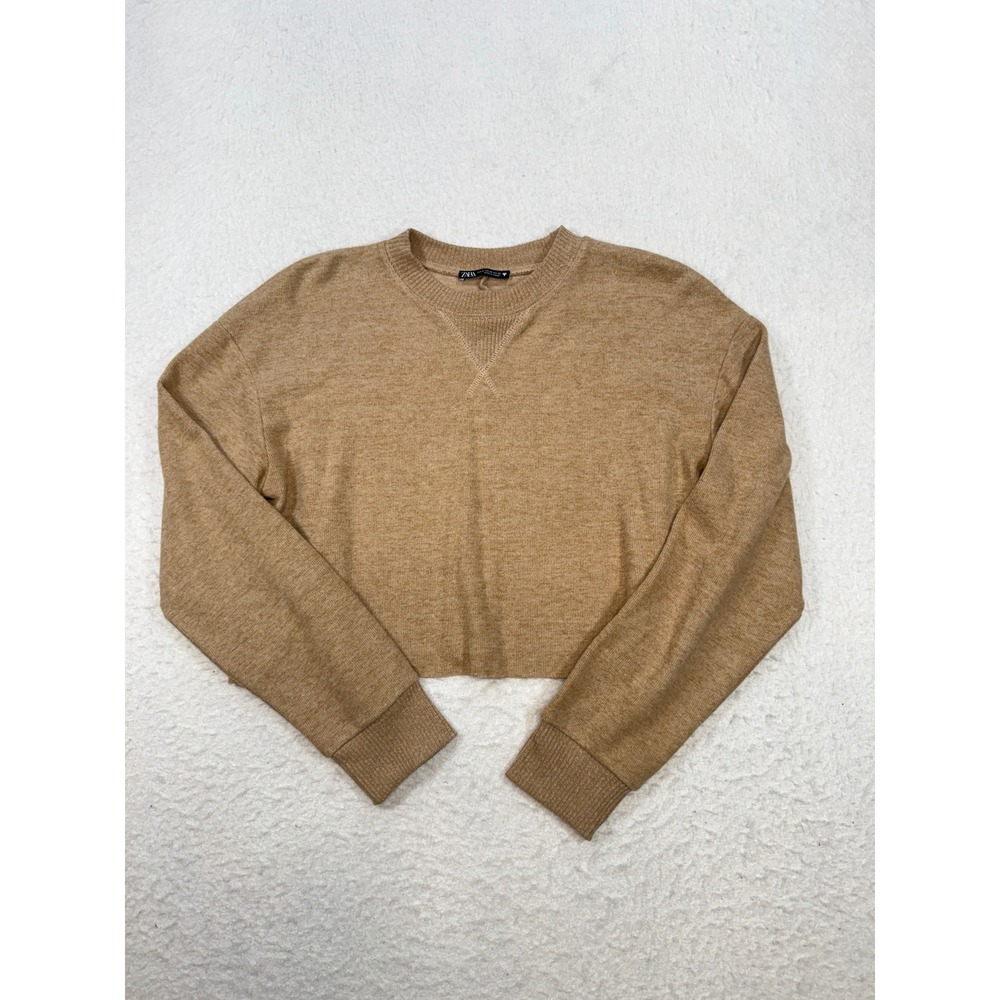 Zara Womens Medium Camel Tan Cropped Long Sleeve Crew Neck Pullover Top